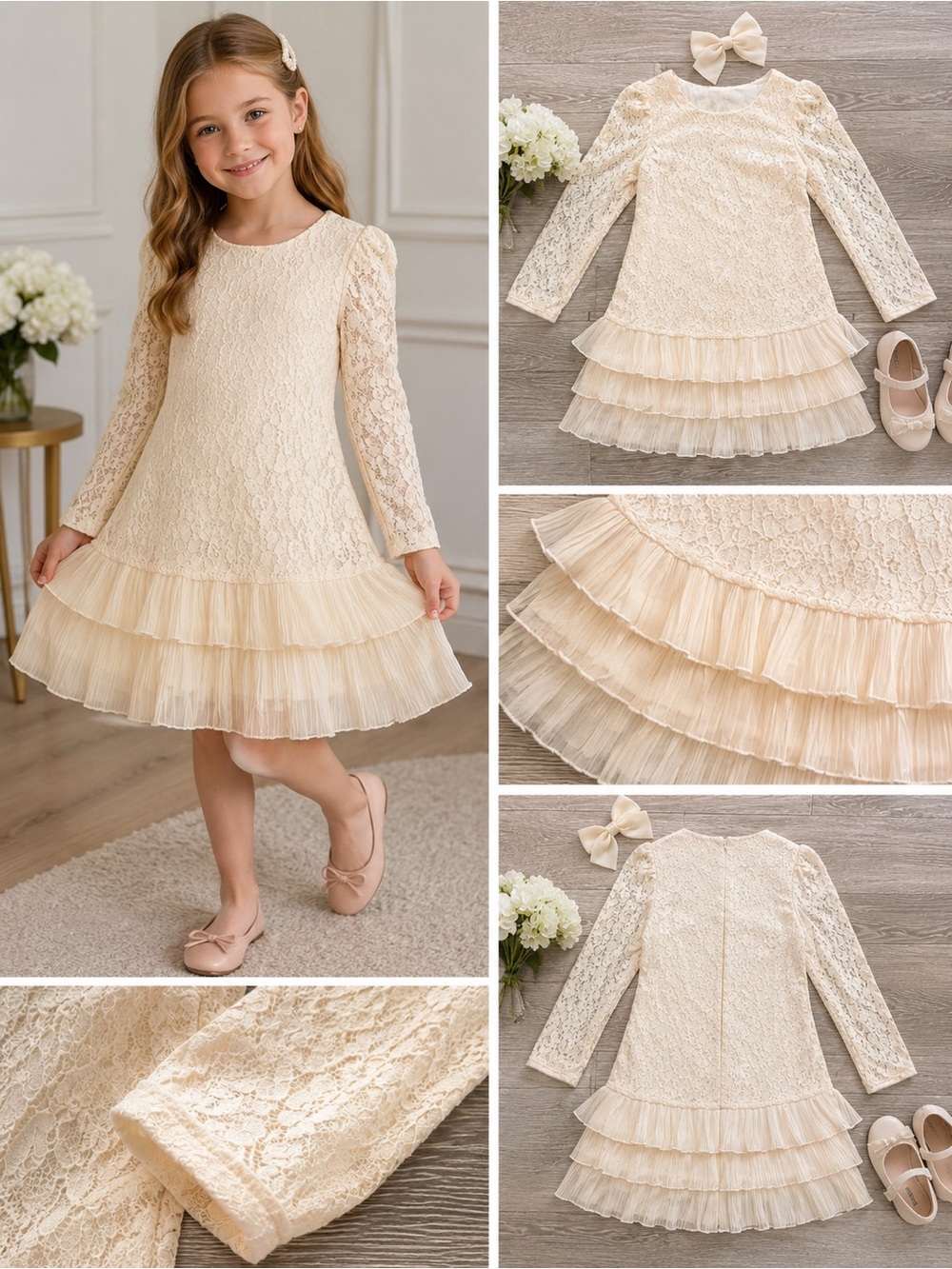 Boho-style flower girl dress in cream lace with tiered design and long sleeves.
